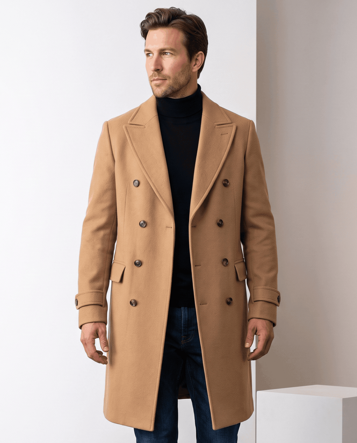 Man wearing a long beige double-breasted wool coat with button cuffs over a black turtleneck
