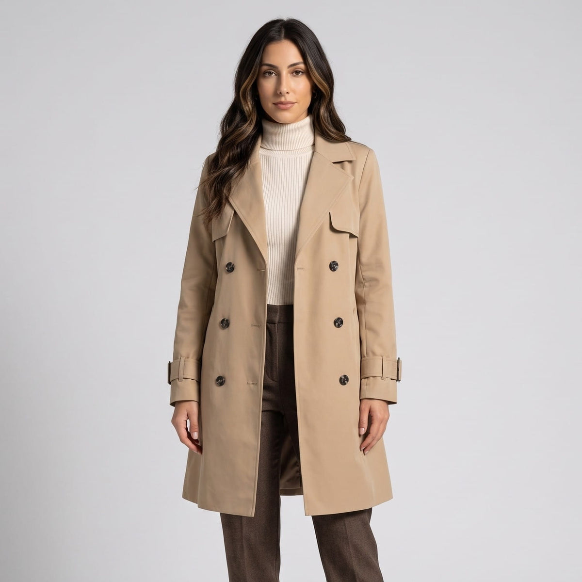 Woman in beige belted double-breasted trench coat over a cream turtleneck and brown trousers