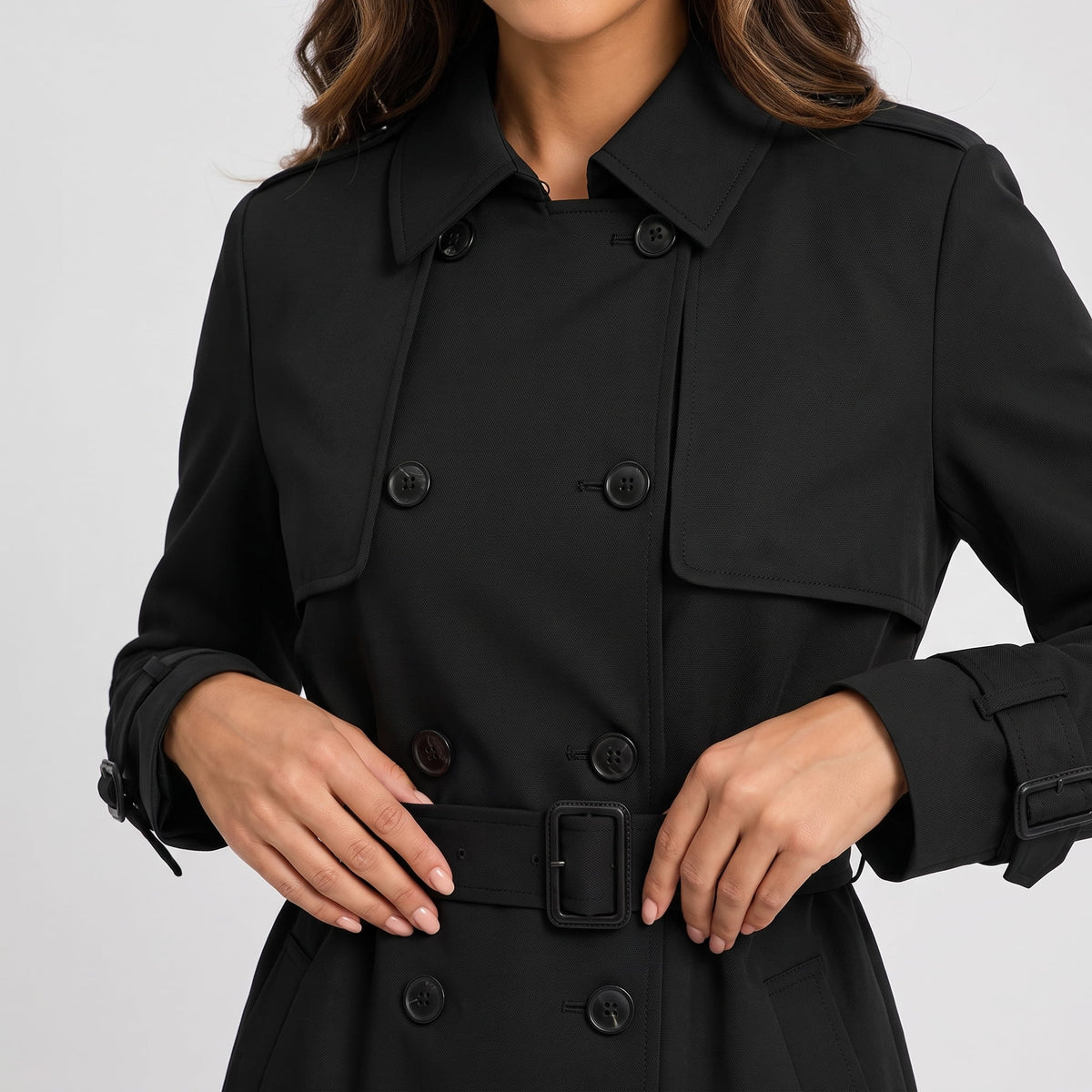 Detail of black coat double-breasted buttons, belt buckle and cuff straps