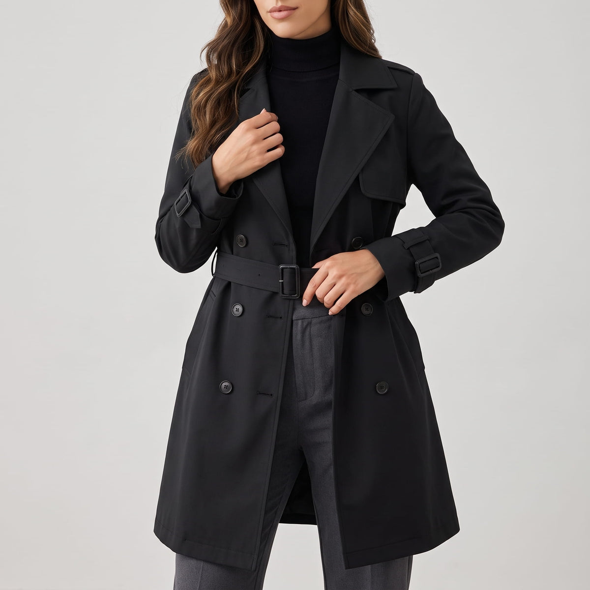 Close-up of black coat front belted at the waist over a black top