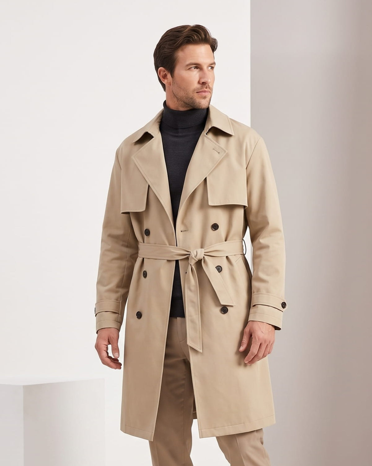 Belted knee-length trench coat in beige with double-breasted front and tied belt, front view