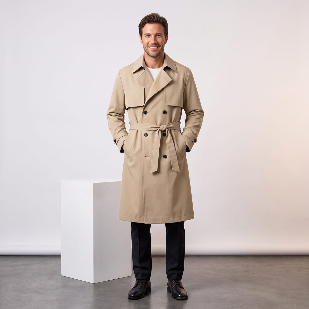 Full-length beige trench coat belted at the waist, styled with black trousers