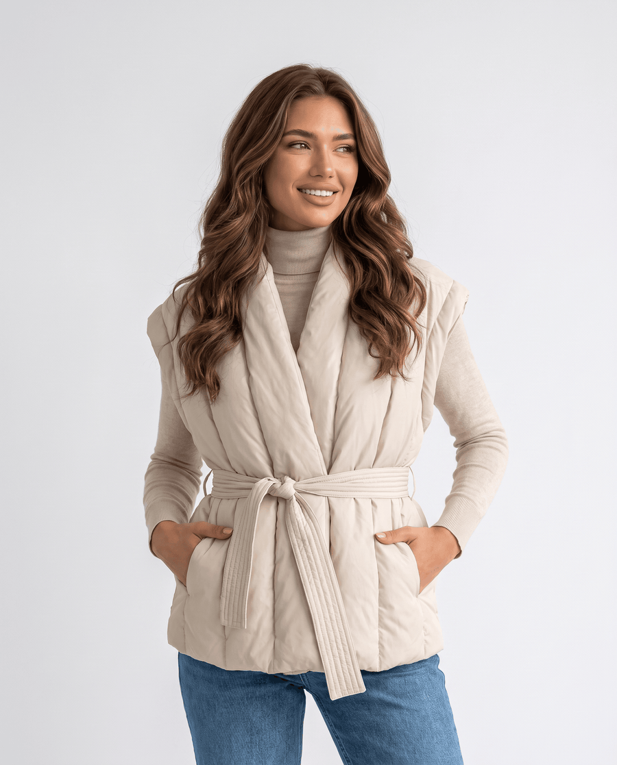 Belted Puffer Vest – Duck Down Fill, Shawl Collar & Channel Quilting | Astrid