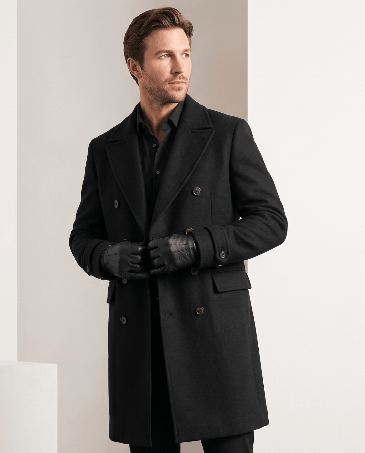 Man wearing a black double-breasted wool coat with leather gloves and a dark sweater
