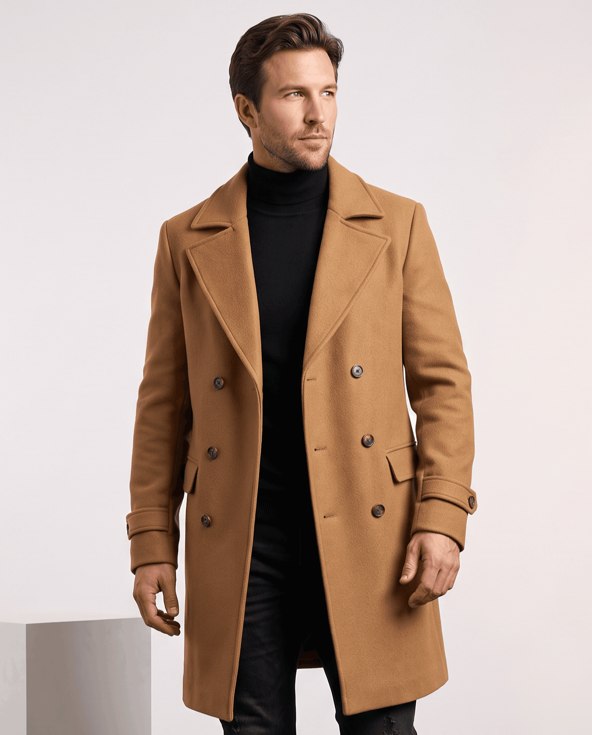 Man wearing a long brown double-breasted wool coat with button cuffs and a black turtleneck