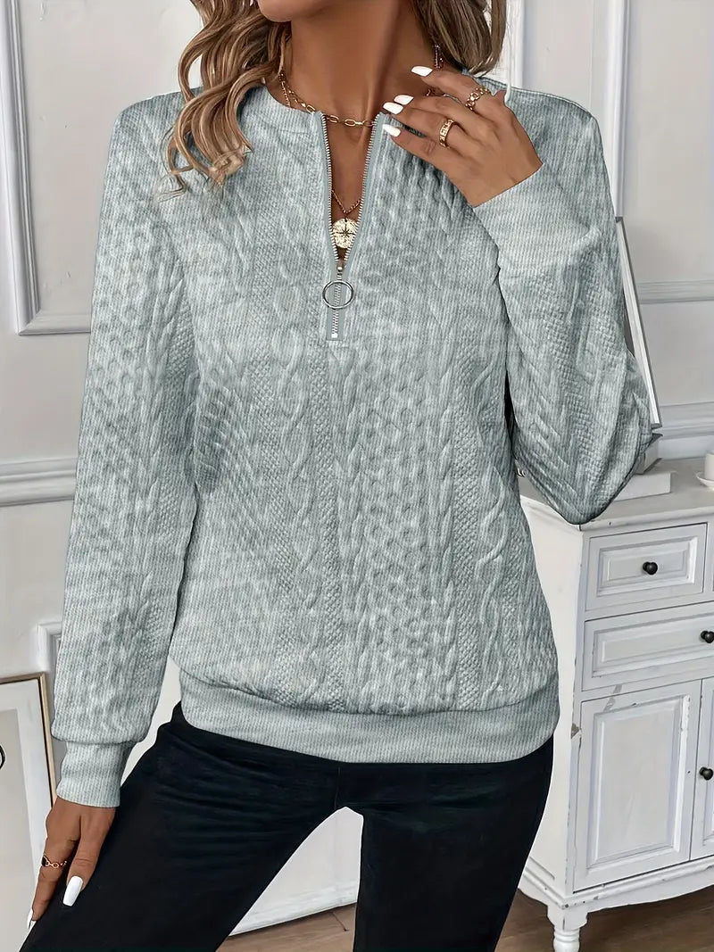Elodie Cable Knit Zip Sweater – Soft Knit Relaxed Fit Casual Layering Top