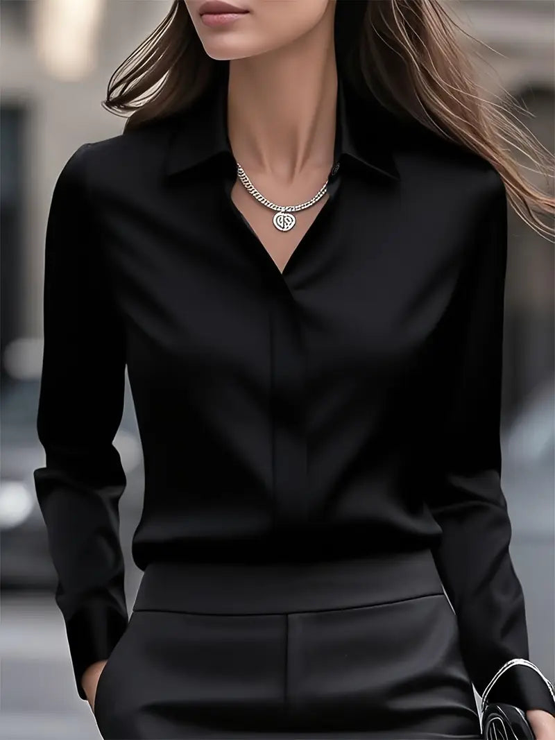 Anjelly Women's Solid Color Satin Lapel Shirt – Long Sleeve Blouse