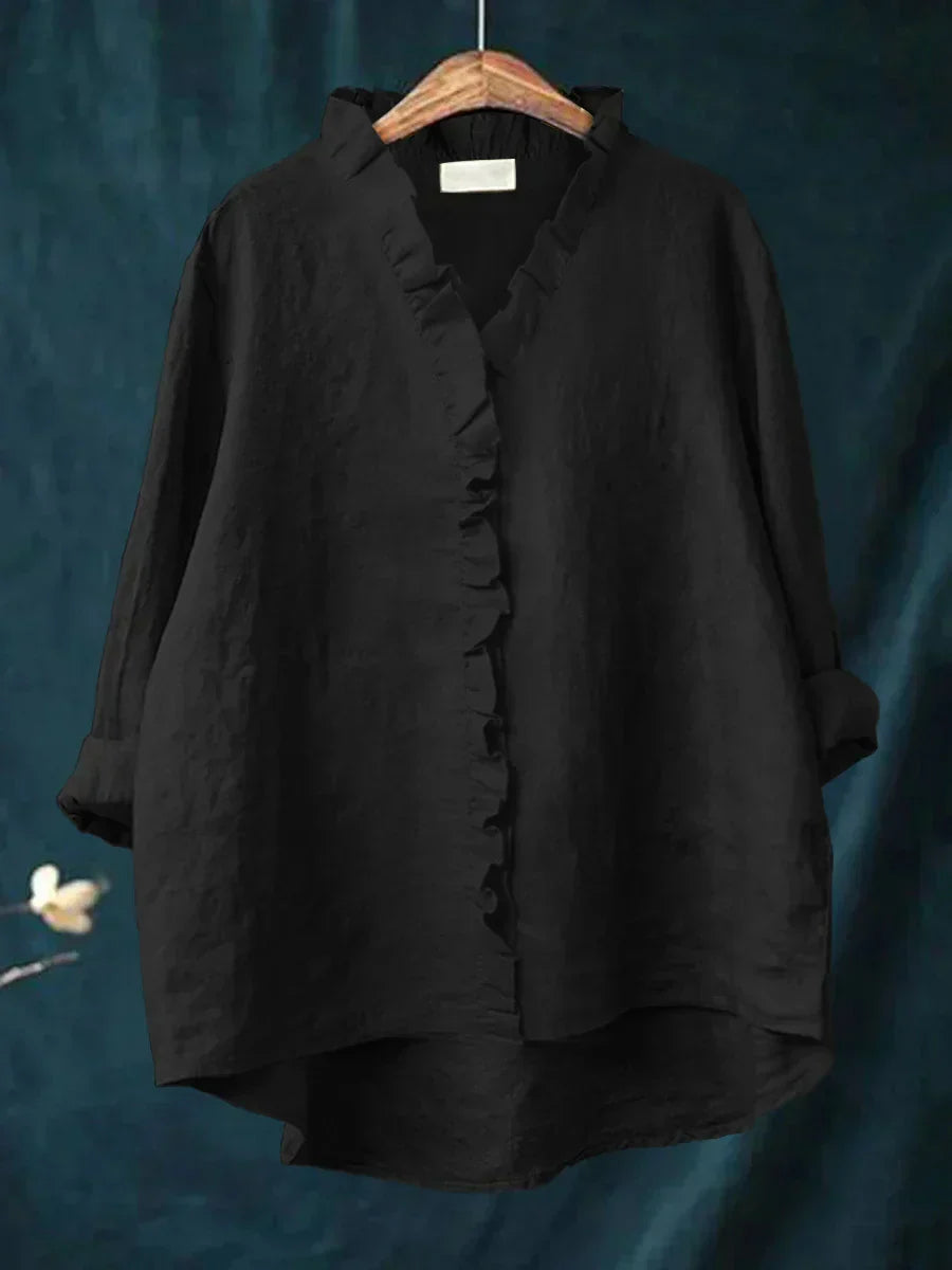 Briana Cotton Linen Blouse – Relaxed Ruffled Neckline Everyday Shirt
