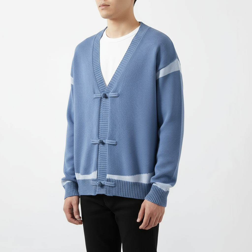 Chris Men's Wool Cardigan – Knit with Contrast Stripes and Toggle Closures