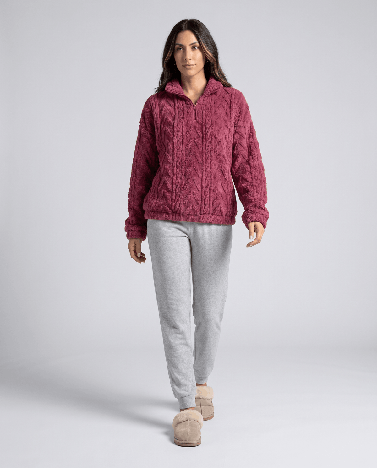 Full-length view of burgundy fleece quarter-zip with light gray joggers