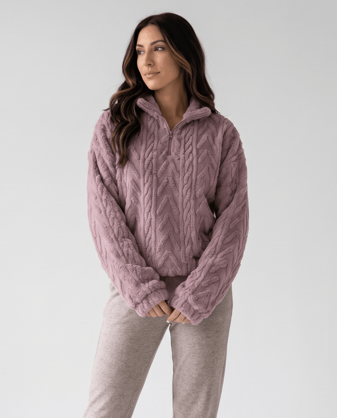 Front view of light purple cable fleece pullover with mauve joggers