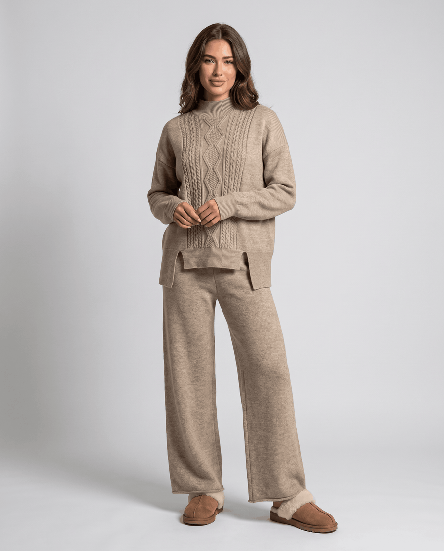 Cable Knit Lounge Set – Mock Neck Pullover, Wide-Leg Pants & Elastic Waist | Bridget