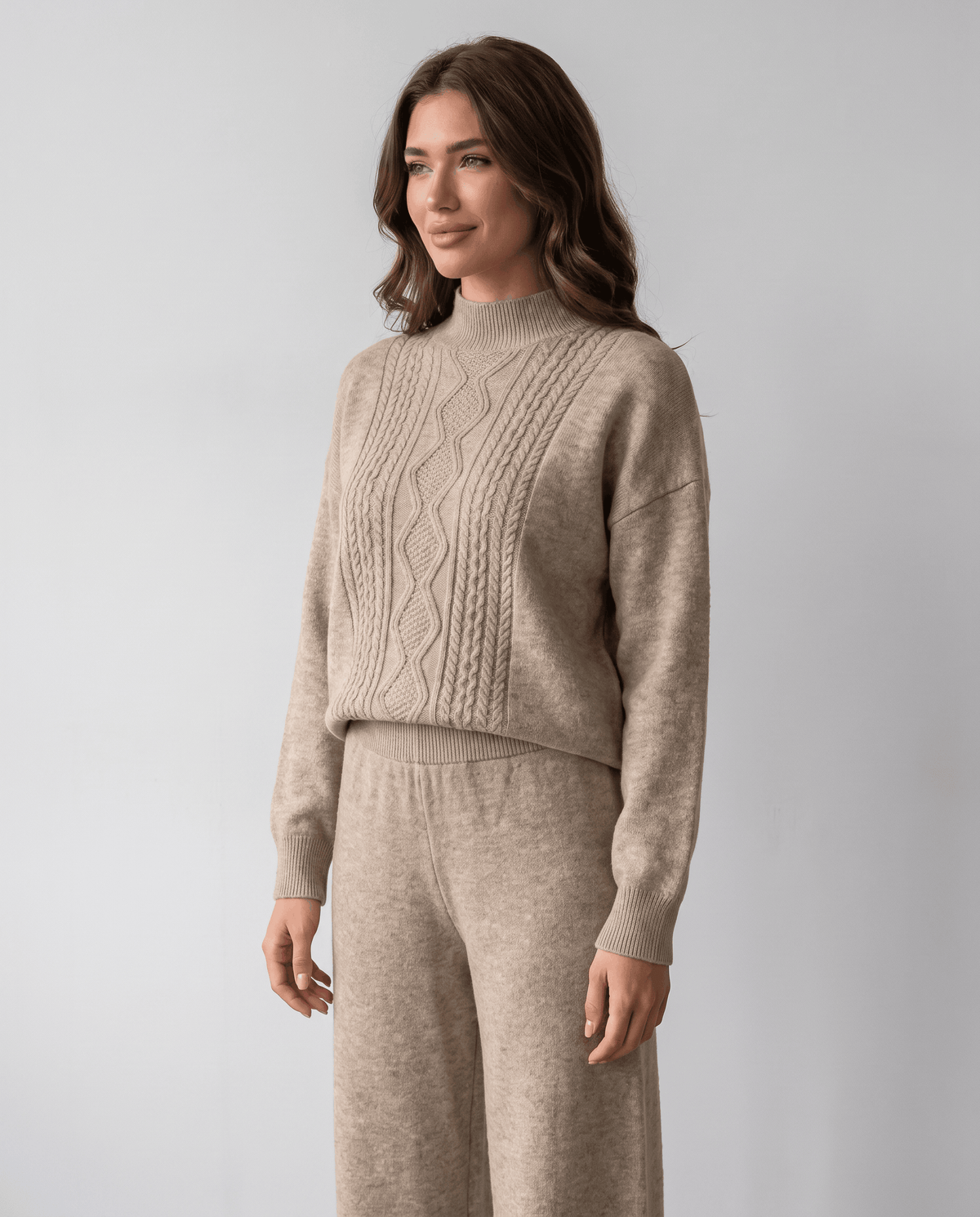 Khaki cable knit pullover with mock neckline, three-quarter front view
