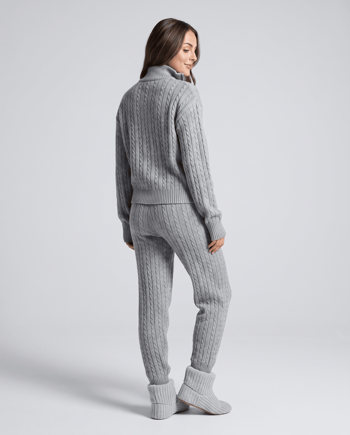 Gray cable-knit loungewear set, back view of the collared jacket