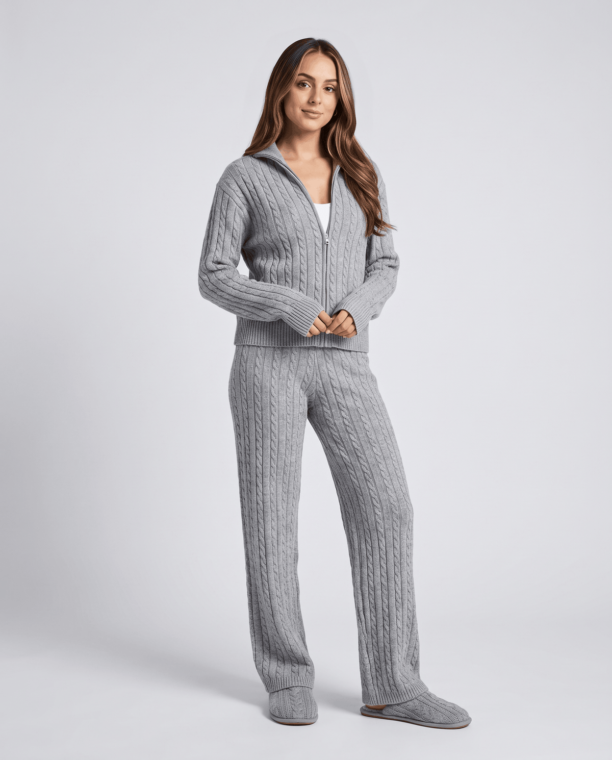 Gray cable-knit zip-up loungewear set with collar and wide-leg pants, front view
