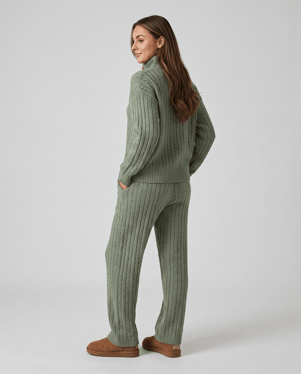 Sage green cable-knit loungewear set, back view with wide-leg pants