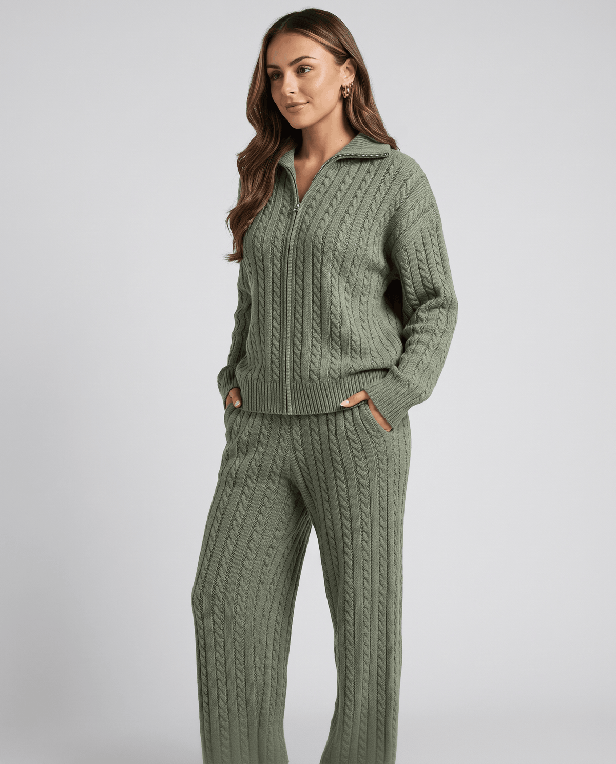 Sage green cable-knit loungewear set, three-quarter front view with hands in pockets