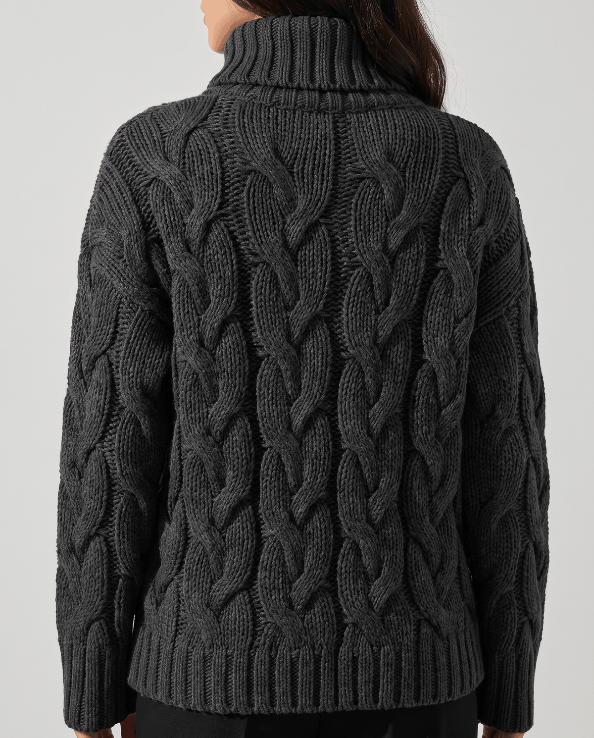 Back view of charcoal black cable knit sweater with ribbed hem and cuffs