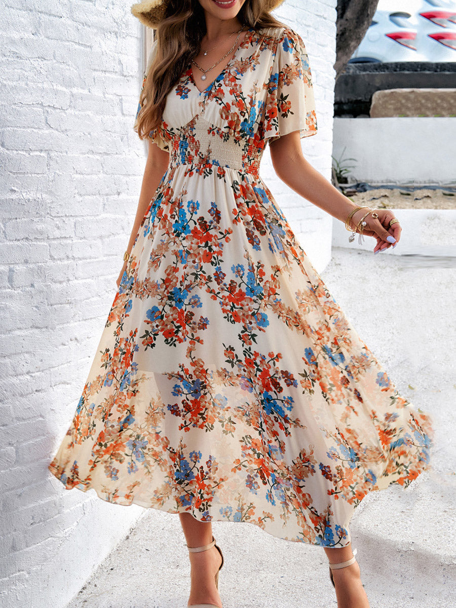 Margaret Floral V-Neck Pleated Maxi Dress – Elastic Waist Summer Silhouette