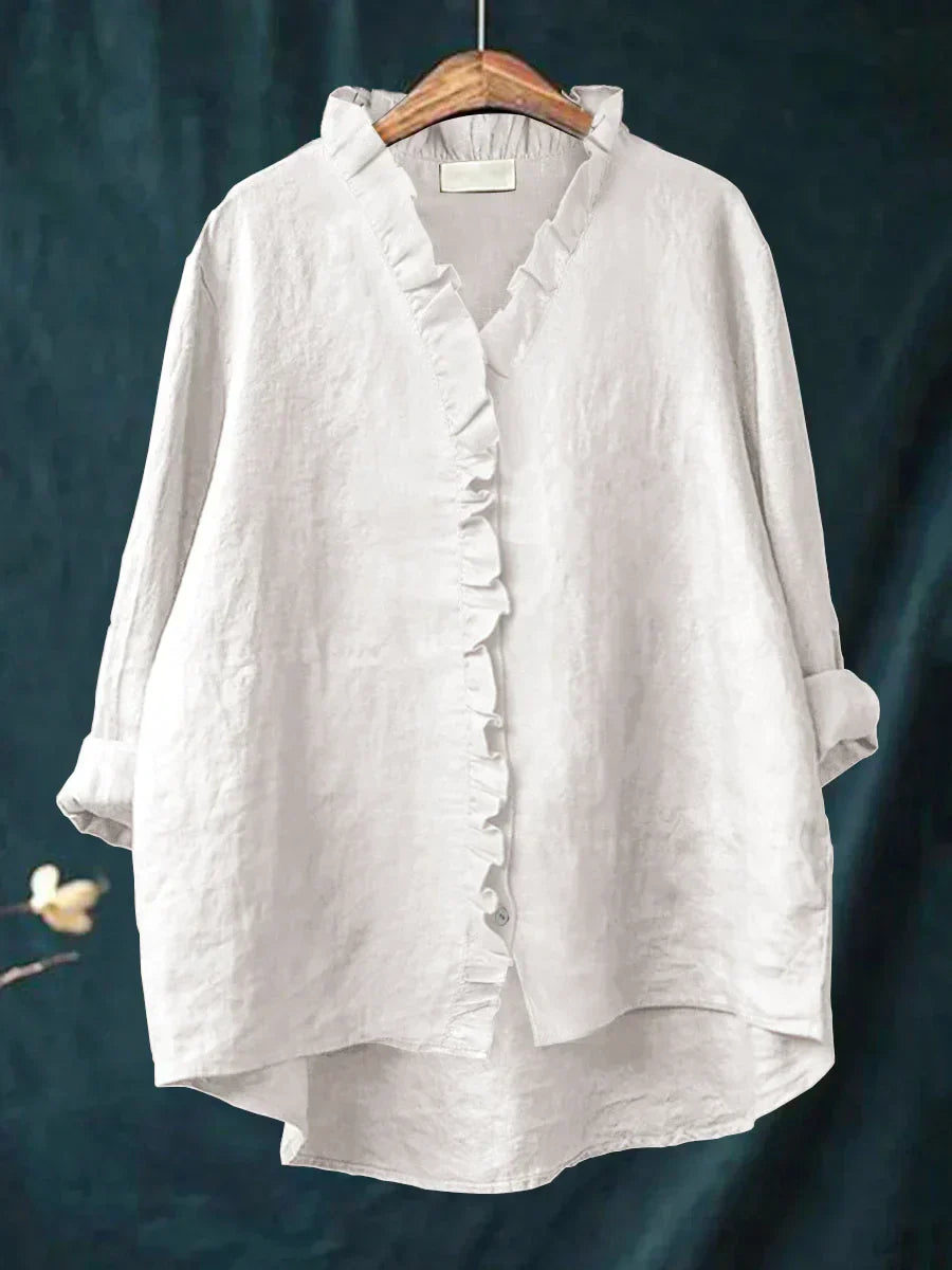 Briana Cotton Linen Blouse – Relaxed Ruffled Neckline Everyday Shirt
