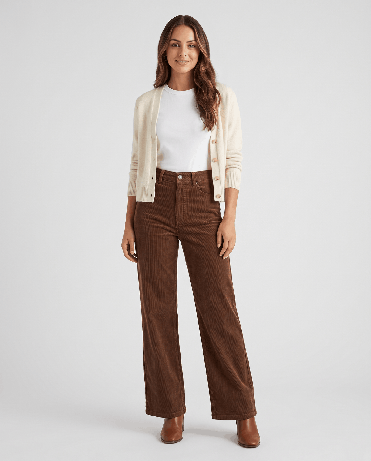 Model in brown ribbed trousers styled with a cream cardigan, white tee and brown shoes