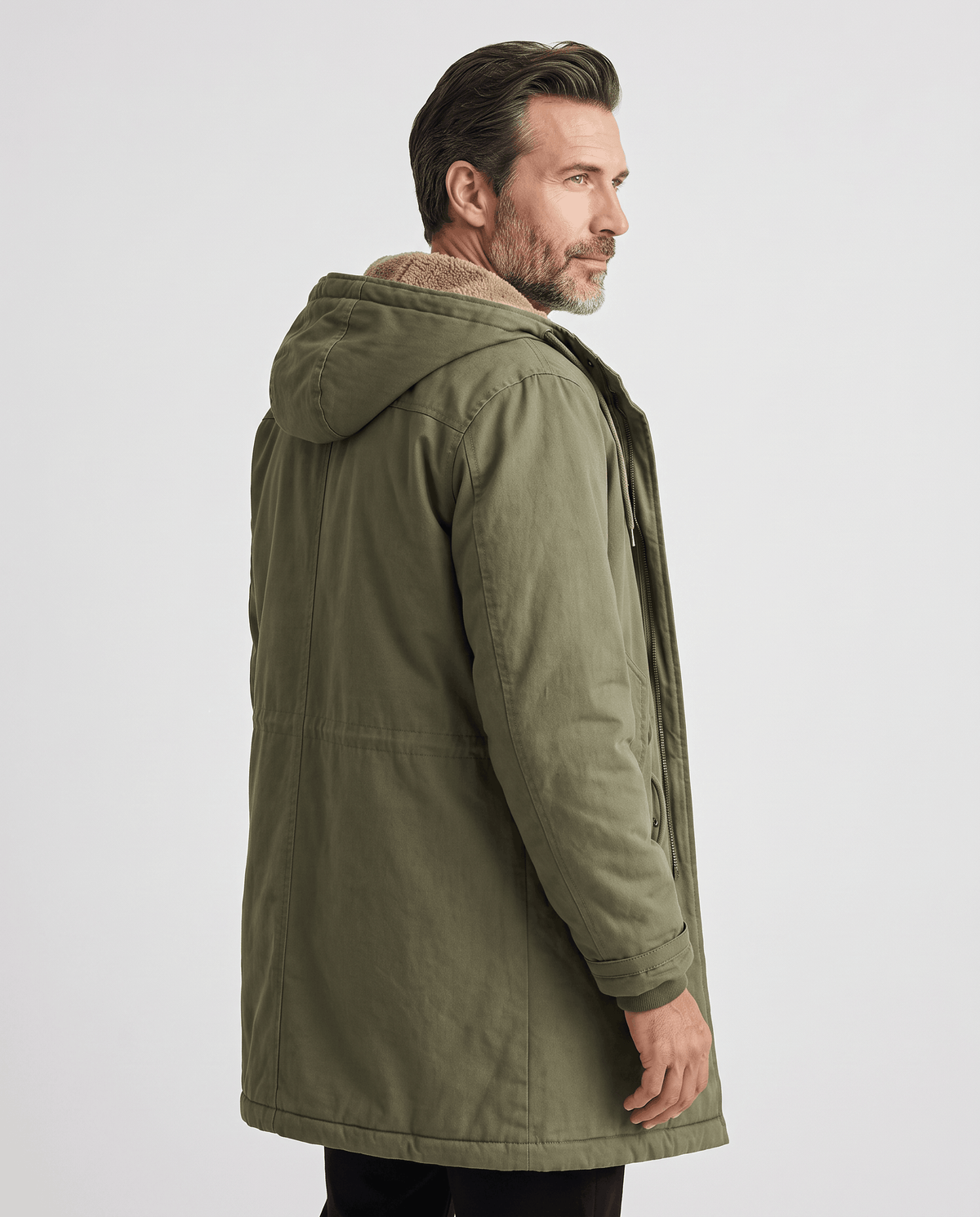 Men's army green cotton hooded parka, back view
