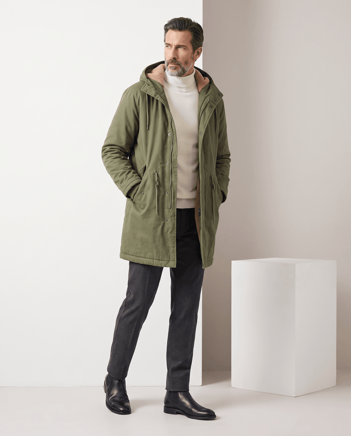 Men's army green cotton hooded parka, full-length view