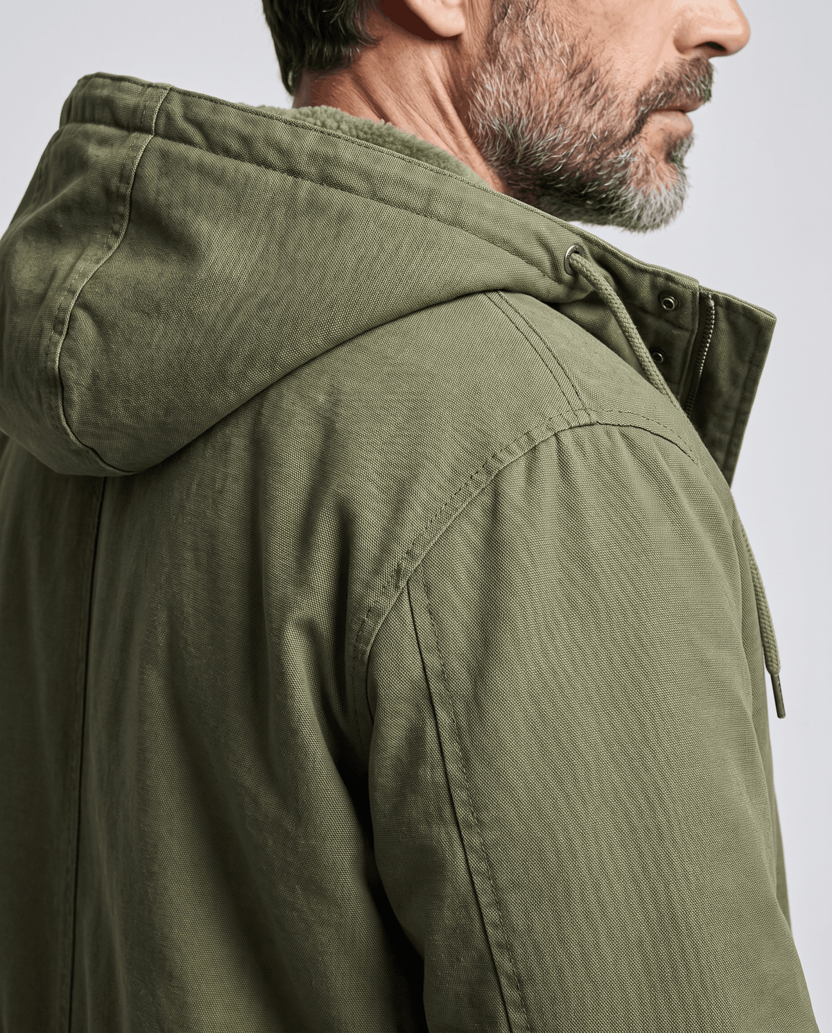 Men's army green cotton hooded parka, hood detail