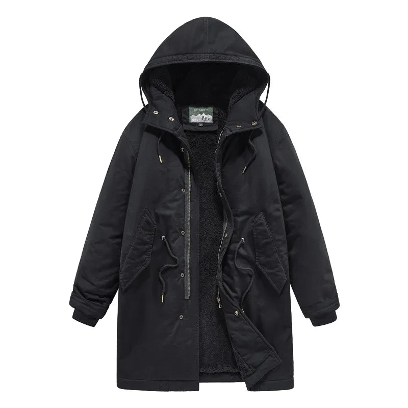 Black cotton hooded parka laid flat, front view