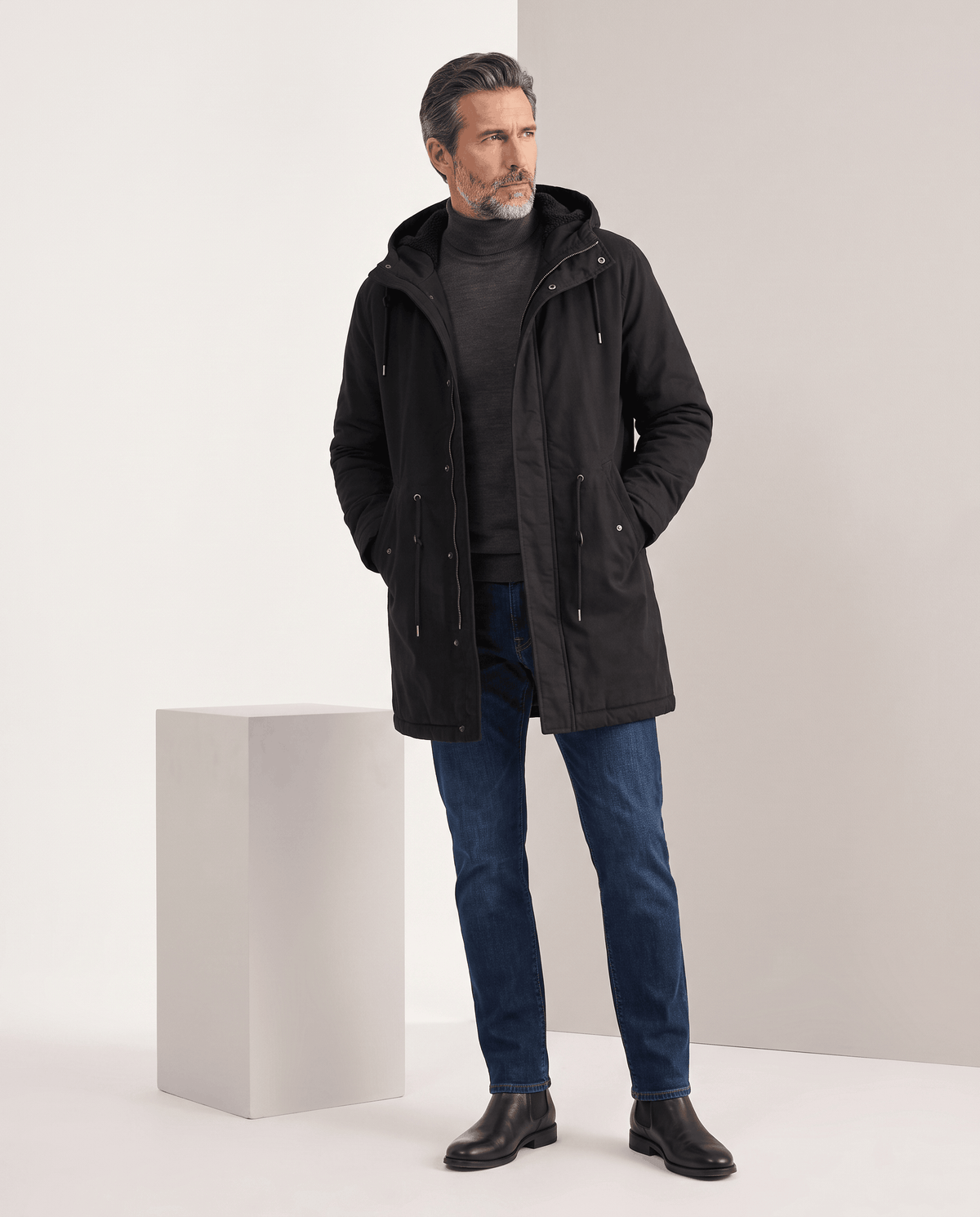 Men's black cotton hooded parka, full-length view