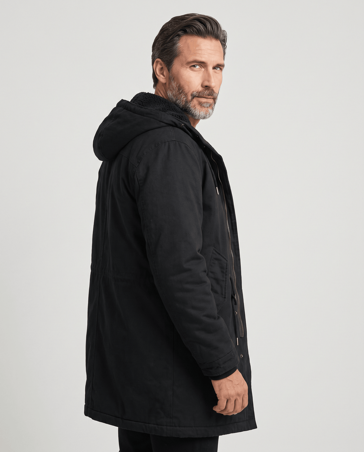 Men's black cotton hooded parka, side view