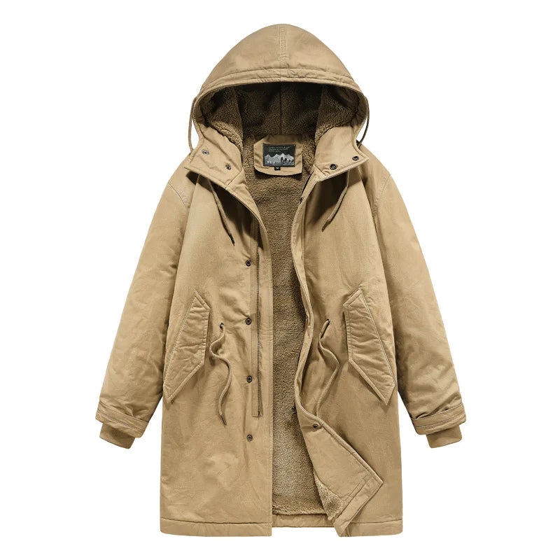 Khaki cotton hooded parka laid flat, front view