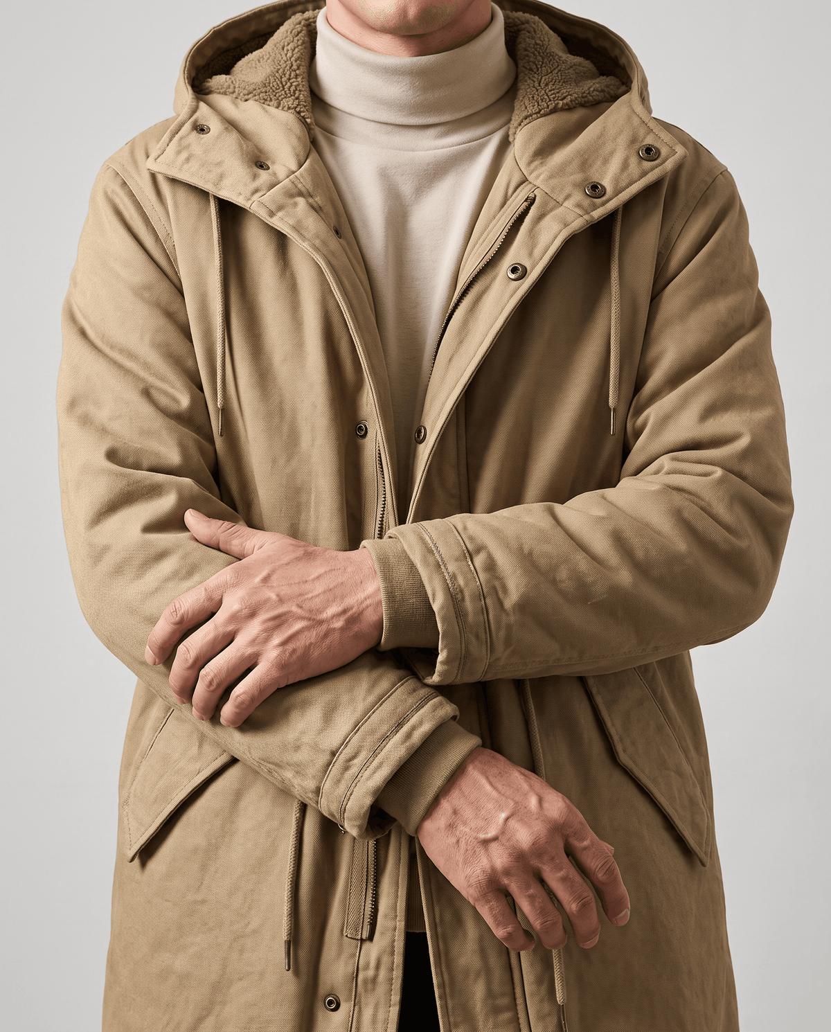 Men's khaki cotton hooded parka, front close-up showing fleece-lined hood and zip