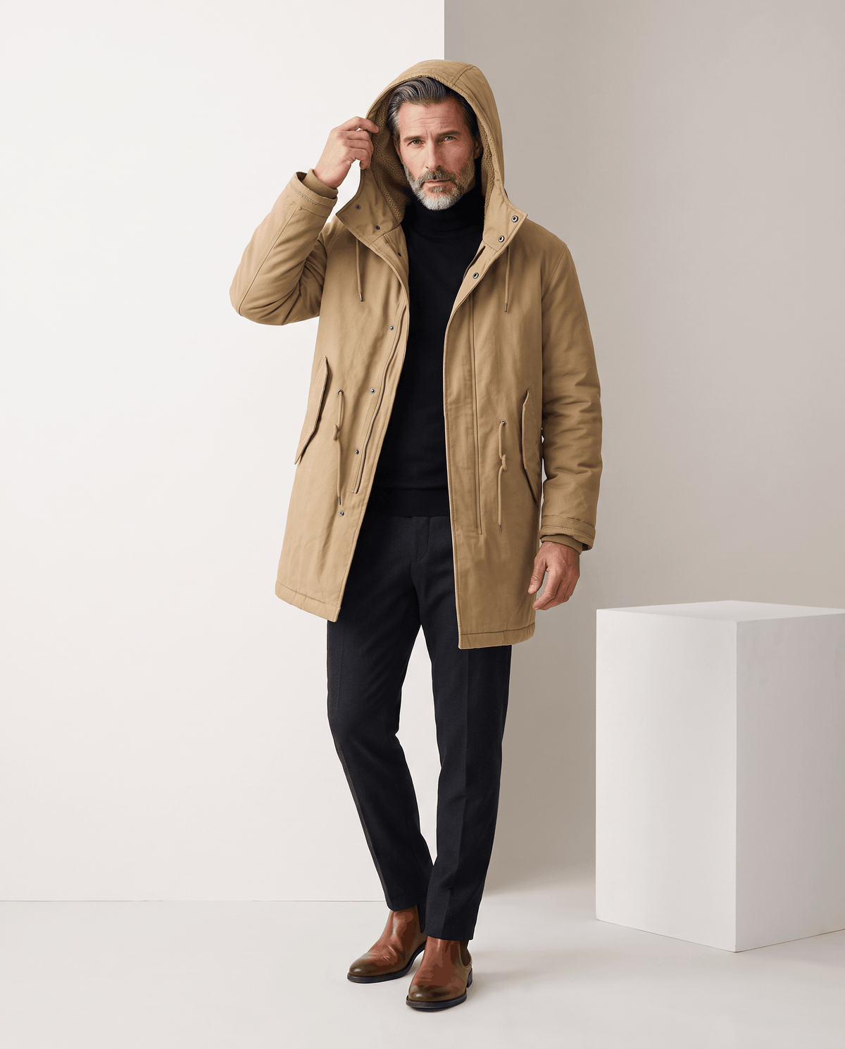 Men's khaki cotton hooded parka, full-length view with hood up
