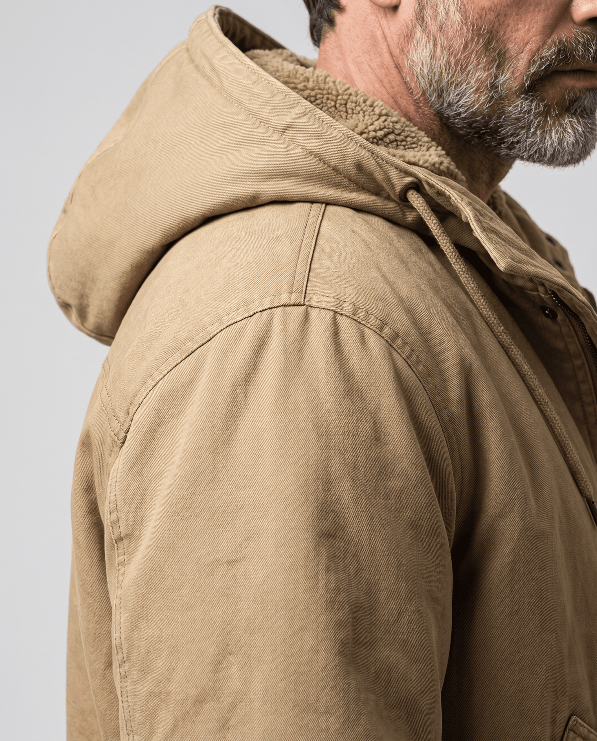 Men's khaki cotton hooded parka, hood side detail