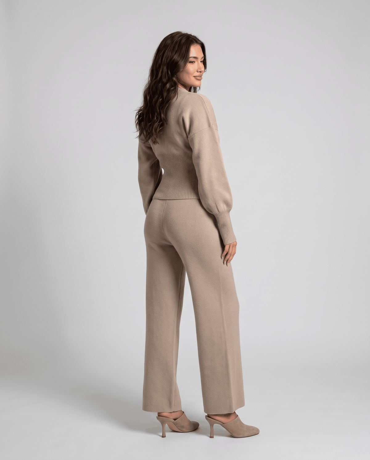 Beige knit loungewear set, back view with straight-leg pants