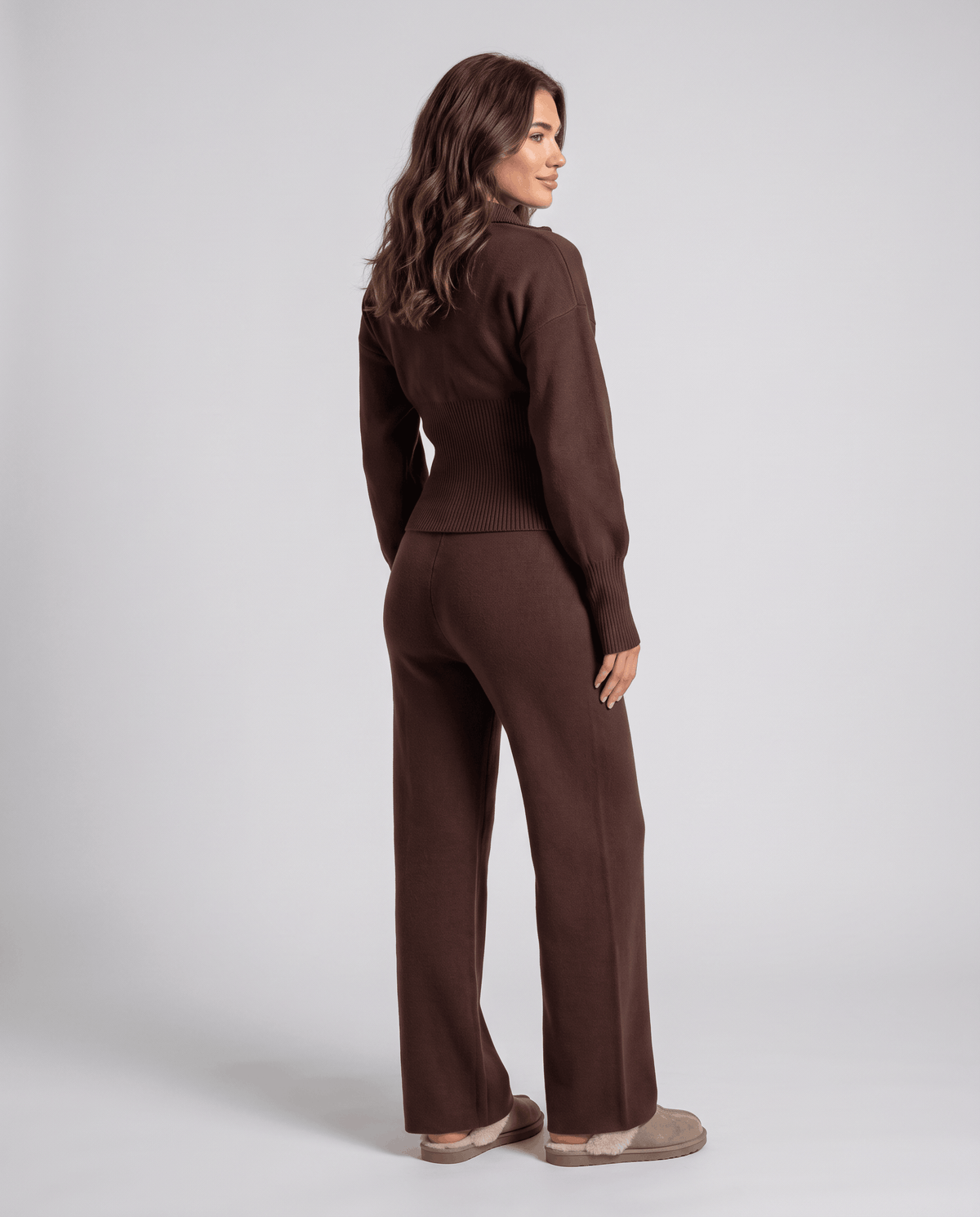 Dark brown knit loungewear set, back view of the zip-up top