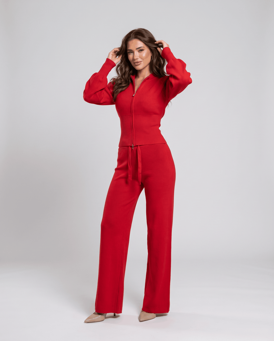 Cropped Loungewear Set – Balloon-Sleeve Zip-Up Knit Top & Drawstring Straight-Leg Pants | Cecilie