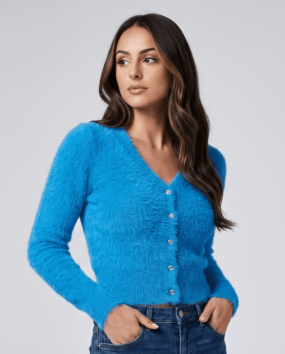 Three-quarter view of the blue cardigan with hands in jean pockets