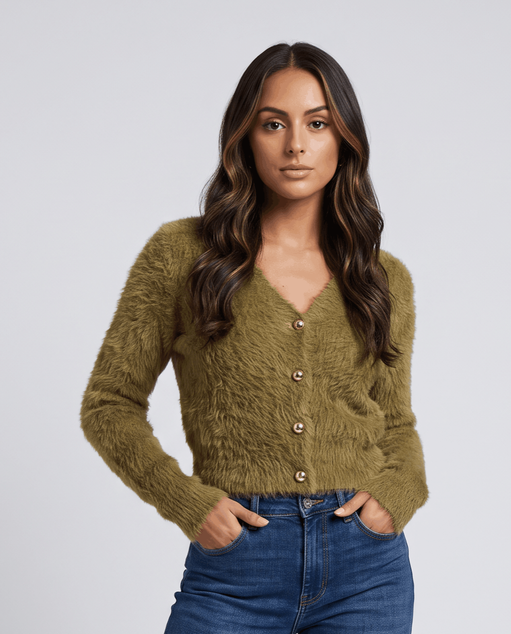 Olive green cardigan with gold buttons tucked into blue jeans