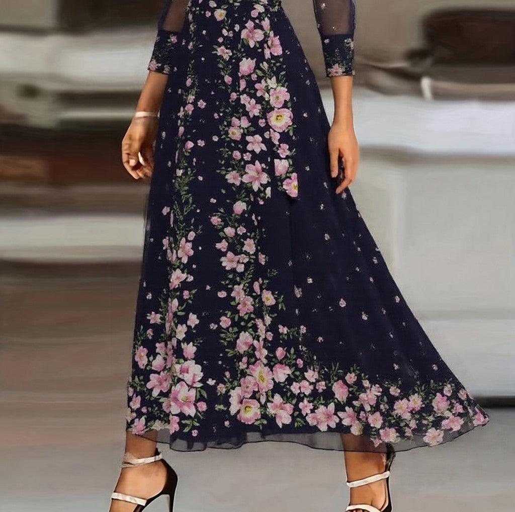 Celina Floral Maxi Dress – Elegant Flowing Sleeve with Deep Round Neckline