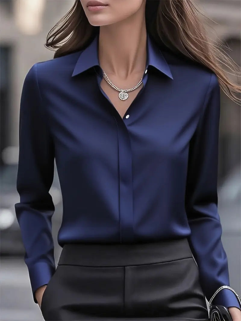 Anjelly Women's Solid Color Satin Lapel Shirt – Long Sleeve Blouse