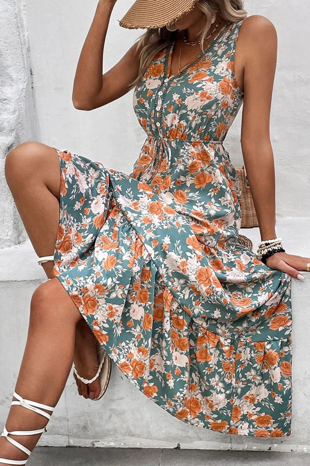 Noemie Floral Tie Waist Sleeveless Midi Dress Lightweight Summer Wear