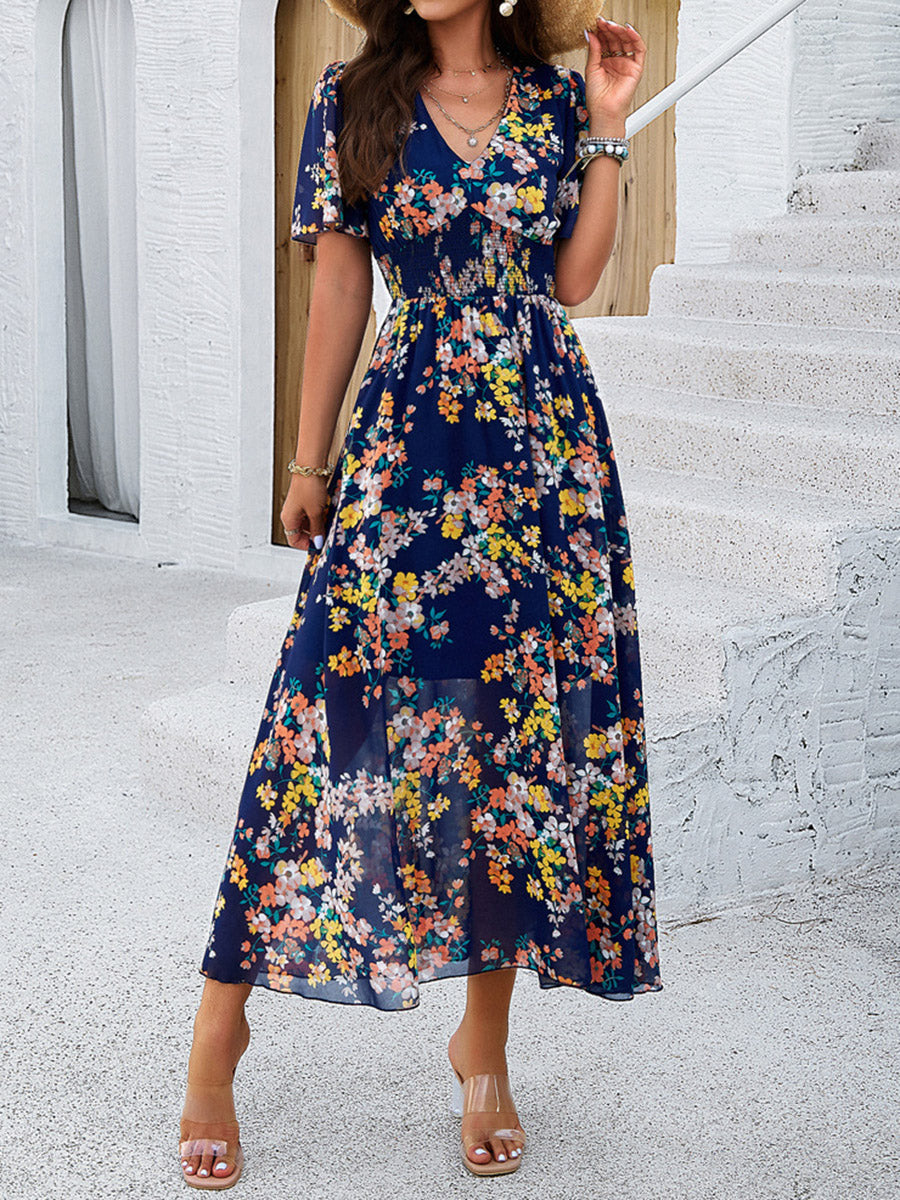 Margaret Floral V-Neck Pleated Maxi Dress – Elastic Waist Summer Silhouette