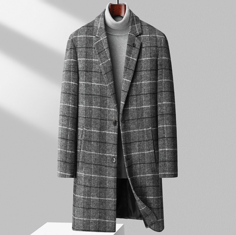Aldric Men's Windowpane Wool Overcoat – Structured Mid-Length Design