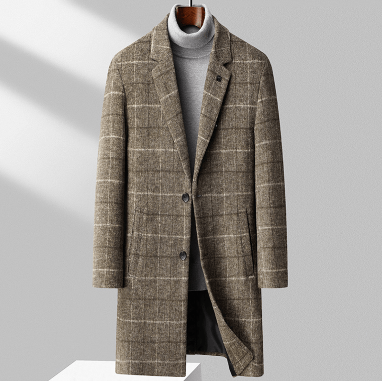 Aldric Men's Windowpane Wool Overcoat – Structured Mid-Length Design