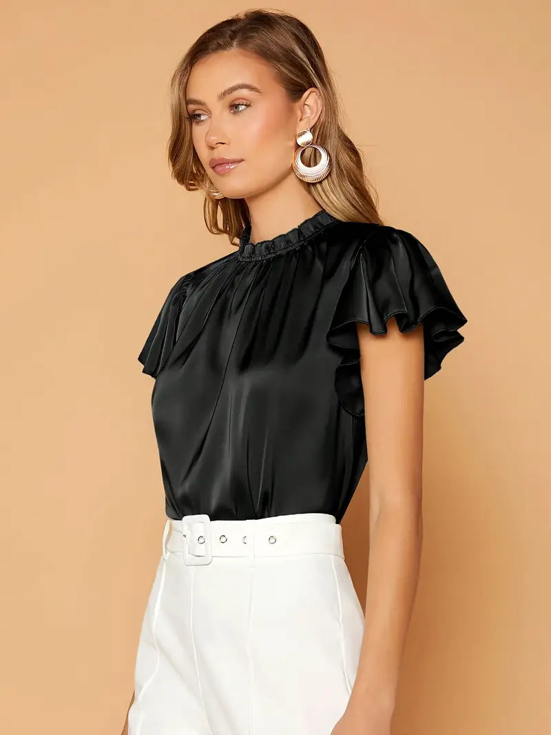 Camille Satin Drape Blouse – Stylish Puff Sleeve Top with Gathered Neck