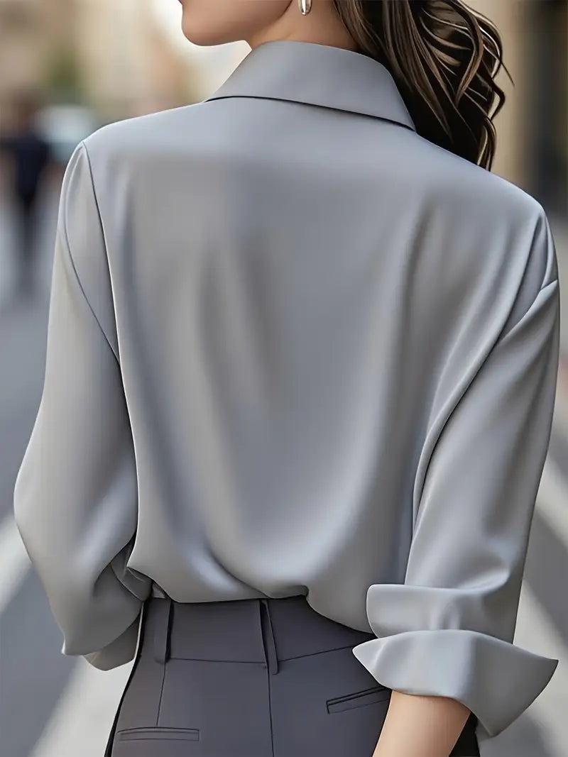 Anjelly Women's Solid Color Satin Lapel Shirt – Long Sleeve Blouse