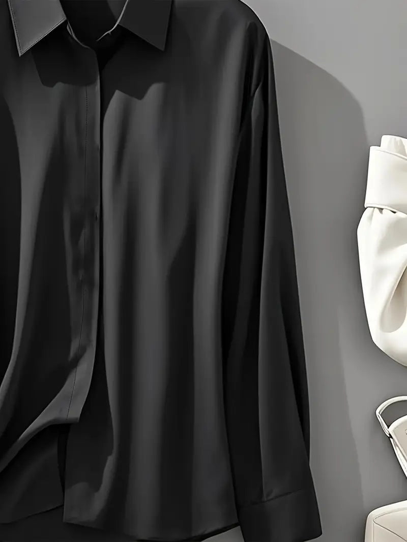 Anjelly Women's Solid Color Satin Lapel Shirt – Long Sleeve Blouse
