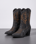 Pair of women's embroidered ankle cowboy boots in black washed denim-look with block heels